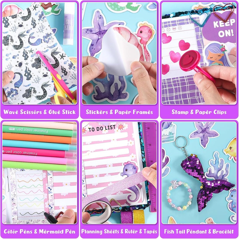 OFFIGIFT 2-Pack DIY Journal Kit for Girls Ages 8-12 13 14 Year Olds, Birthday Gifts for Teen Girls, 110pcs Art Crafts Scrapbook Supplies for Tween Kids, Kawaii Diary Stationary Set with Mermaid Sequin Journal - Image 4